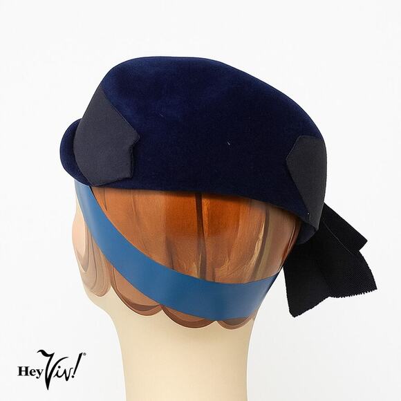 Vintage 1950s Navy Blue Felt Velour Hat w Wide Grosgrain Ribbon Bow - Hey Viv - Picture 3 of 8